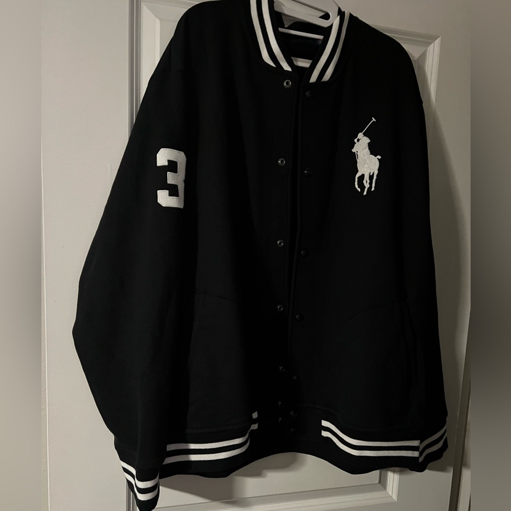 Ralph Lauren Black Big Pony Varsity Jacket with White Logo and Stripes